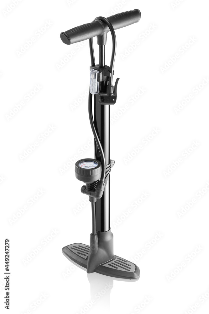 Black air pump for bicycle with manometer standing isolated Black air pump for bicycle with manometer standing isolated