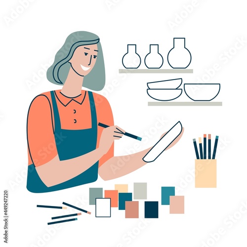 Senior woman paints ceramic ware. Master class and hobby. Art class ceramics for adults. Character woman artisan. Flat design isolated on white background.