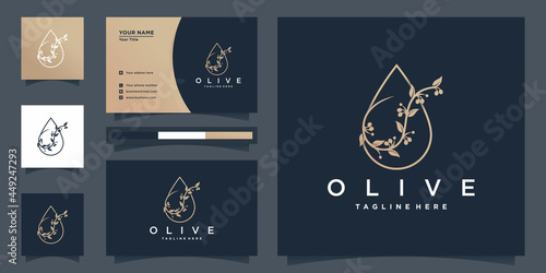 Olive oil logo design inspiration with gold beauty flower style and business card Premium Vector