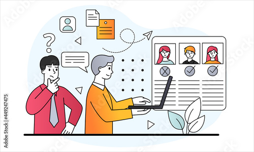 Employee selection concept. Office workers from HR department look at resume and choose suitable candidate. Hiring. Cartoon doodle modern flat vector illustration isolated on a white background