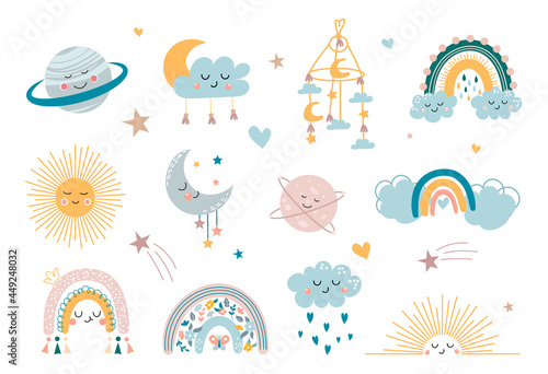 Children decorative elements. Hand drawn boho clipart for nursery decoration with cute rainbows, sun, cloud, dream catcher. Stickers with emotions. Cartoon flat vector collection on white background