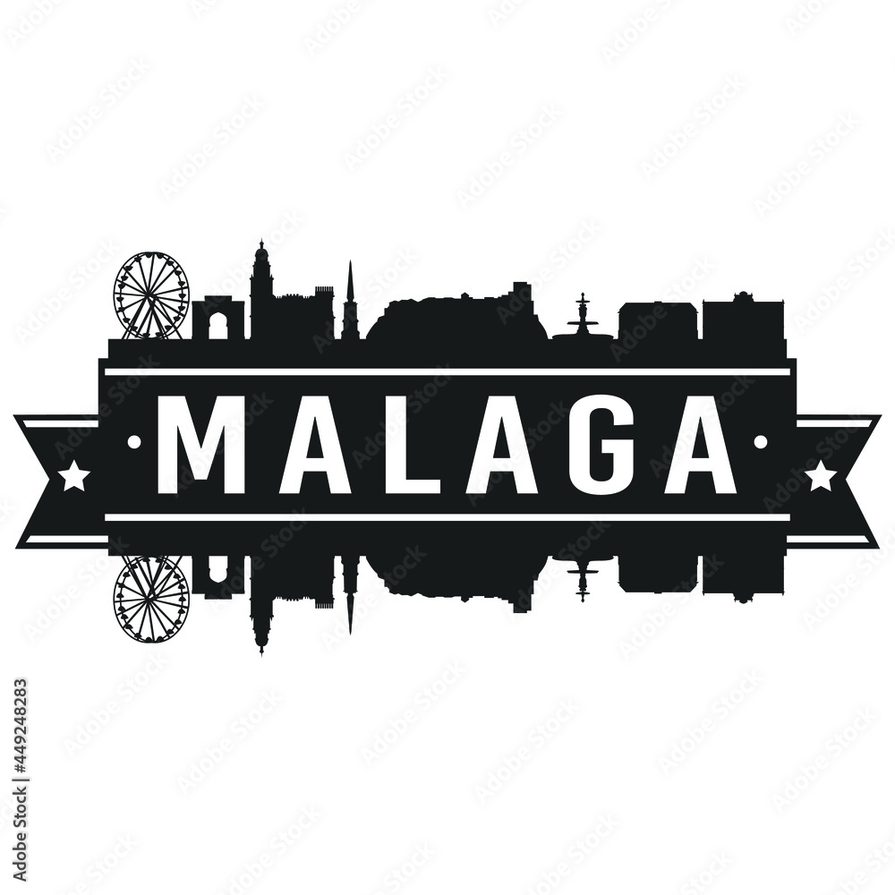 Malaga, Spain Skyline Silhouette Design. Clip Art City Vector Art Famous Buildings Scene Illustration.