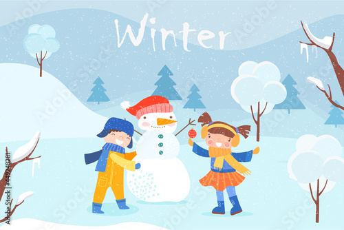 Cute winter landscape. Little boy and girl are making snowman. Snowy and cold weather. Children play in park with snowdrifts. Cartoon flat vector illustration for banners, posters and postcards