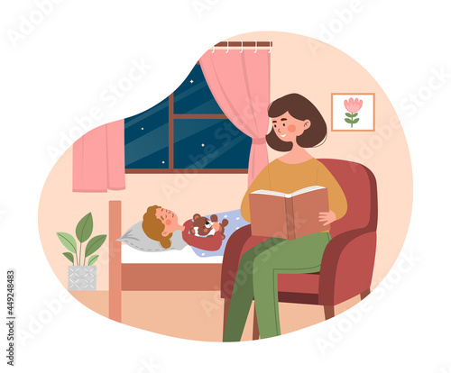 Mother and child concept. Woman holds book and tells bedtime story her little daughter. Maternal love and care. Put to bed to sleep. Cartoon flat vector illustration isolated on a white background