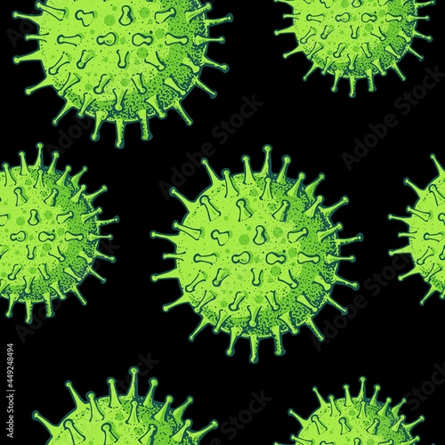 Coronavirus COVID-19 seamless pattern. Biology organisms background. Respiratory virus infection illustration. Hand drawn corona virus illustration