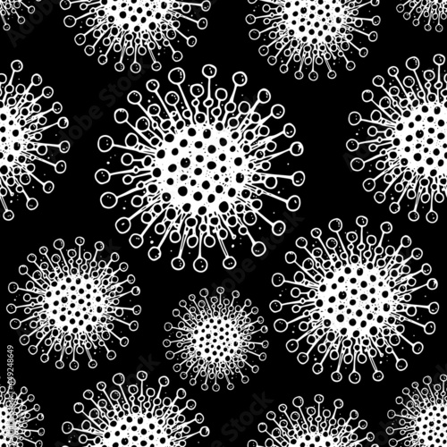 Coronavirus COVID-19 seamless pattern. Biology organisms background in vintage engraved style. Respiratory virus infection illustration. Hand drawn corona virus illustration