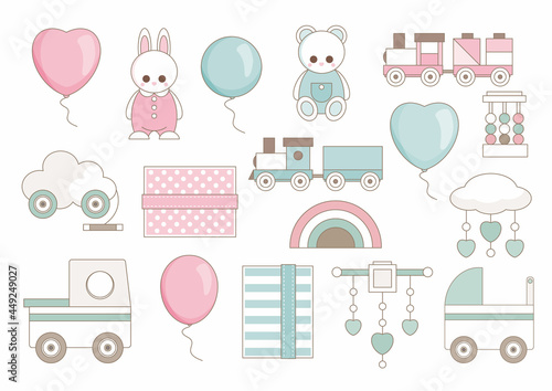 Big set of cute baby shower elements.  Invitations, cards, nursery decor