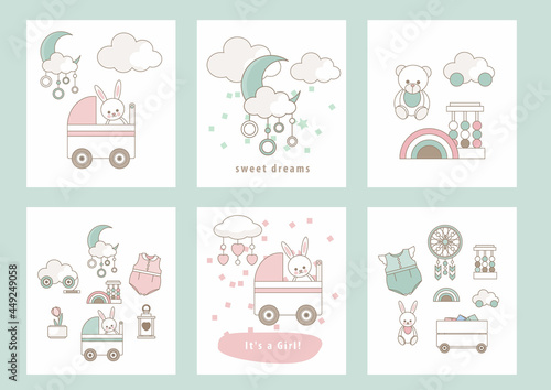 Set of cute cards or posters for baby shower, invitation, nursery decor