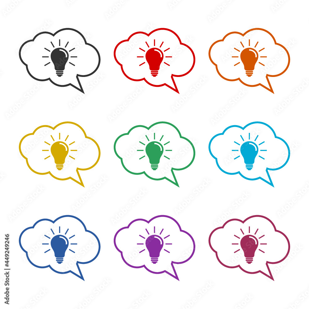 Obraz premium Lightbulb in the speech bubble cloud color icon set