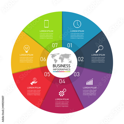7 steps business infographic with icon for the presentation. can be used for process, presentations, layout, banner,infographic. vector illustration in flat style modern design.