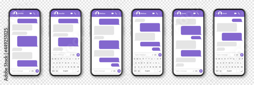 Realistic smartphone with messaging app. Blank SMS text frame. Conversation chat screen with violet message bubbles. Social media application. Vector illustration.