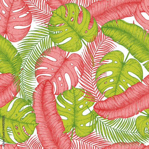 Seamless pattern with palm leaves. Bright background. Hand drawn vector illustration. Jungle pattern.