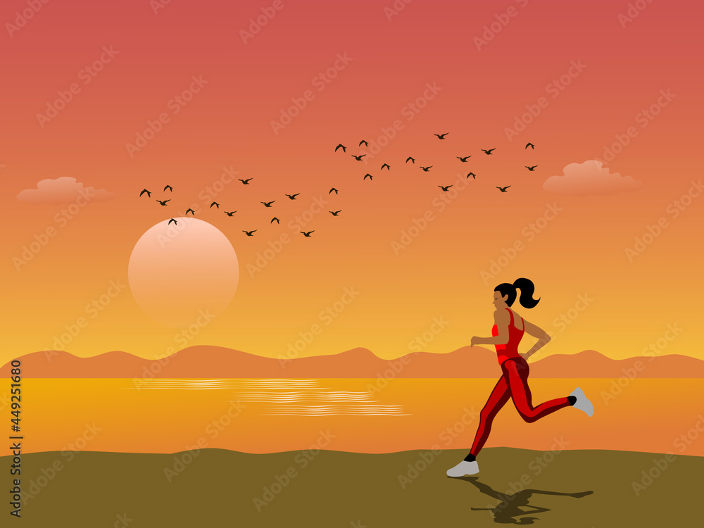 woman jogging on beach by the sea with sunset in the background