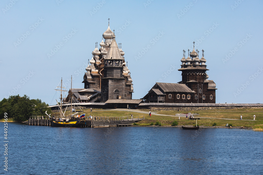 Kizhi Island and Kizhi Pogost wooden church open-air museum,  summer vibrant view of  Onega Lake, Medvezhyegorsky District, Republic of Karelia, Russia