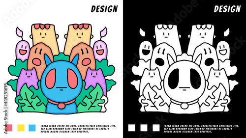 Vector illustration of Cat Monsters and cute alien friendly, cool, cute hand-drawn