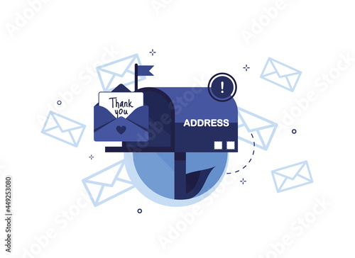 Letter in an envelope with thanks or thank you text in a mailbox. Send to email, mail. Blue. Flat design. On white background. Eps 10