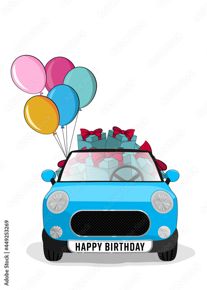 Cute blue car with gifts and balloons. Suitable for posters, prints, and cards. Cute blue car with gifts and balloons. Suitable for posters, prints, and cards.