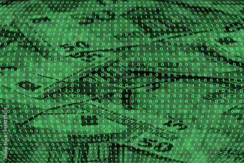 binary code grid from bright green numbers on the background of euro banknotes, ecommerce concept
