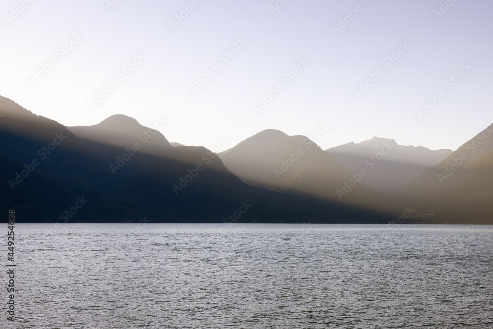 Canadian Nature Mountain Landscape Background. Sunny Evening before Sunset. View of Howe Sound, between Squamish and Vancouver, BC, Canada.