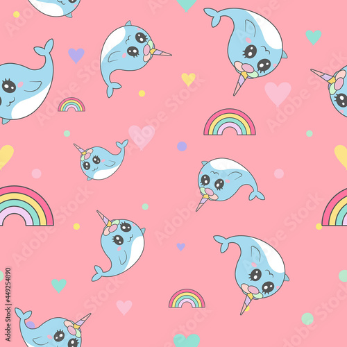 Cute narwhal seamless pattern with flat heart and adorable colorful rainbow on pink background pastel color. Vector Illustration.