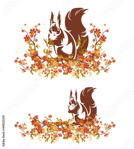 autumn tree branches making natural fall season decorative border with sitting squirrel - vector forest wildlife design elements set