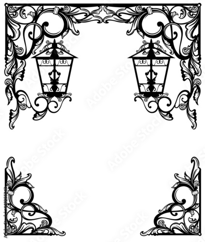 antique style calligraphic floral ornament forming copy space frame with hanging streetlights -  black and white vintage vector decorative background design with page border and corners