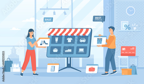 Marketplace Online e-commerce Store. Sellers post their products on a trading platform. Search and compare items in the marketplace. Flat cartoon vector illustration with people characters for banner