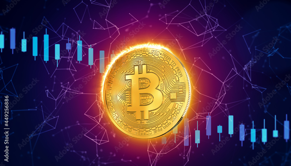 Illustration of a golden burning bitcoin Illustration of a golden burning bitcoin