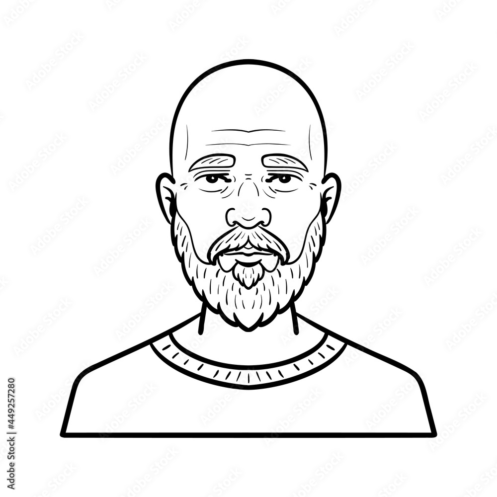 monochrome comic outline avatar. old man with bald head and beard.