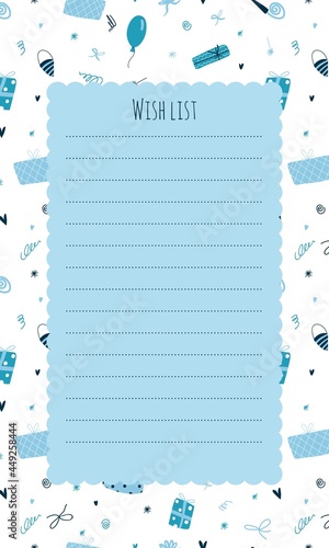 Wishlist template with hand drawn blue gift boxes on background. Kids stationary, cute list for Christmas or birthday in blue and white color in cartoon naive style. Vector illustration