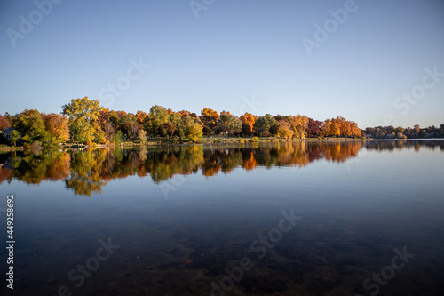 Fall colored leaves on autumn trees in a forest reflecting on a lake during golden hour in the midwest_21