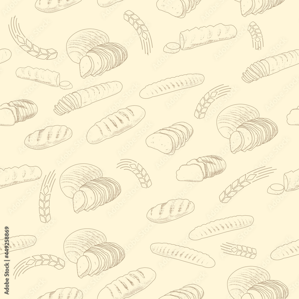 Seamless pattern of bread products vintage style.