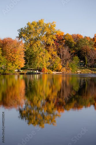 Fall colored leaves on autumn trees in a forest reflecting on a lake during golden hour in the midwest_11