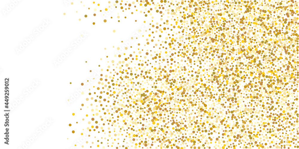 Golden glitter confetti on a white background. Illustration of a drop of shiny particles. Decorative element. Element of design. Vector illustration, EPS 10.