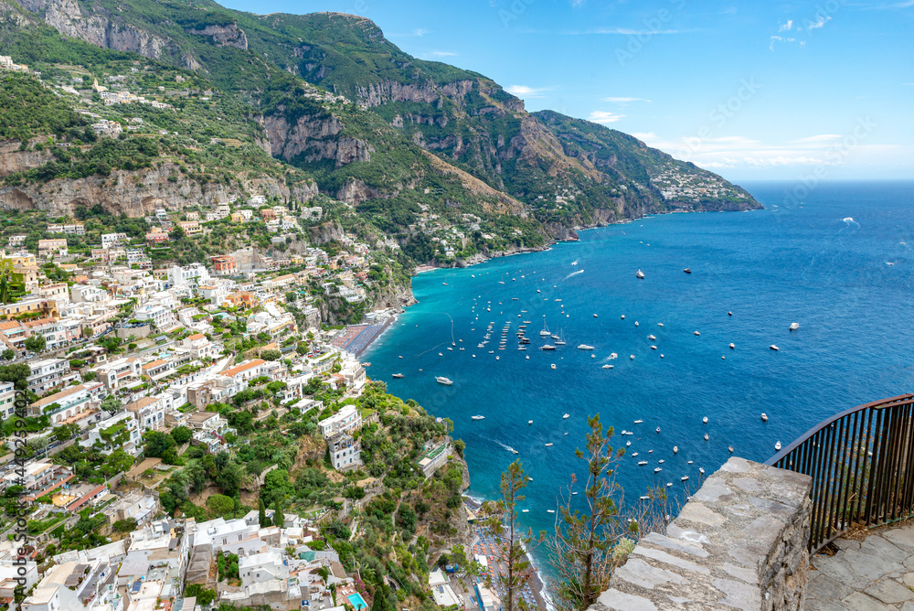 Positano's Main Beach on the Amalfi coast in hot summer day, with full ...