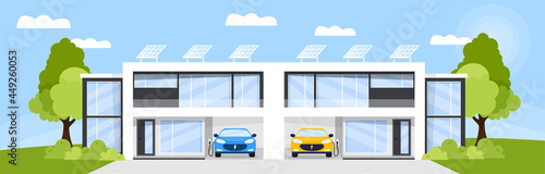 Eco friendly, smart house concept. Modern townhouse  exterior with solar panels on the roof and electric car charger in the garage. Flat style vector illustration. Smart townhome front view.