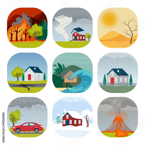 Natural disaster set of compositions with wild landscapes, houses, recreation place and forces of nature. Vector isolated illustration in cartoon flat style