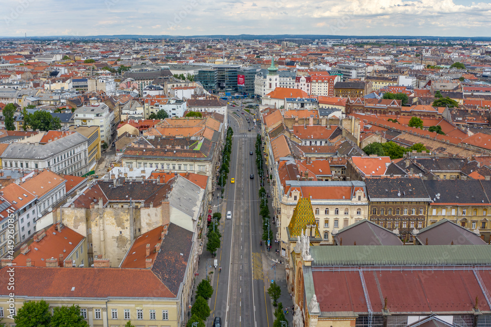 Hungary - Budapest landscape with old shopping market from drone view