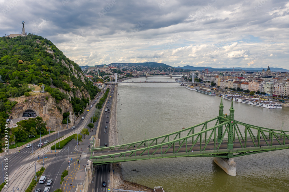 Hungary - Budapest Landscape with Danube river, Gellert bath, and the Buda castle with the Citadel