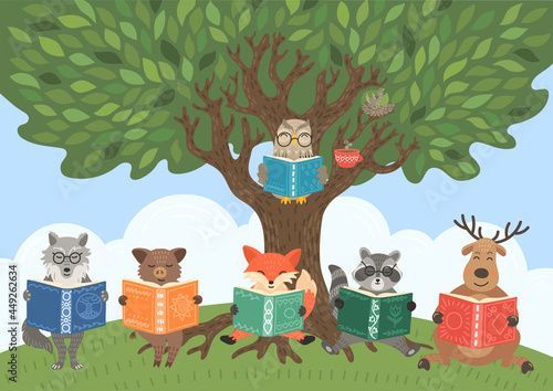 Animals read books under big tree in the forest. Owl, deer, raccoon, fox, wolf and boar. Children illustration, literature, storytime, education concept.  photo