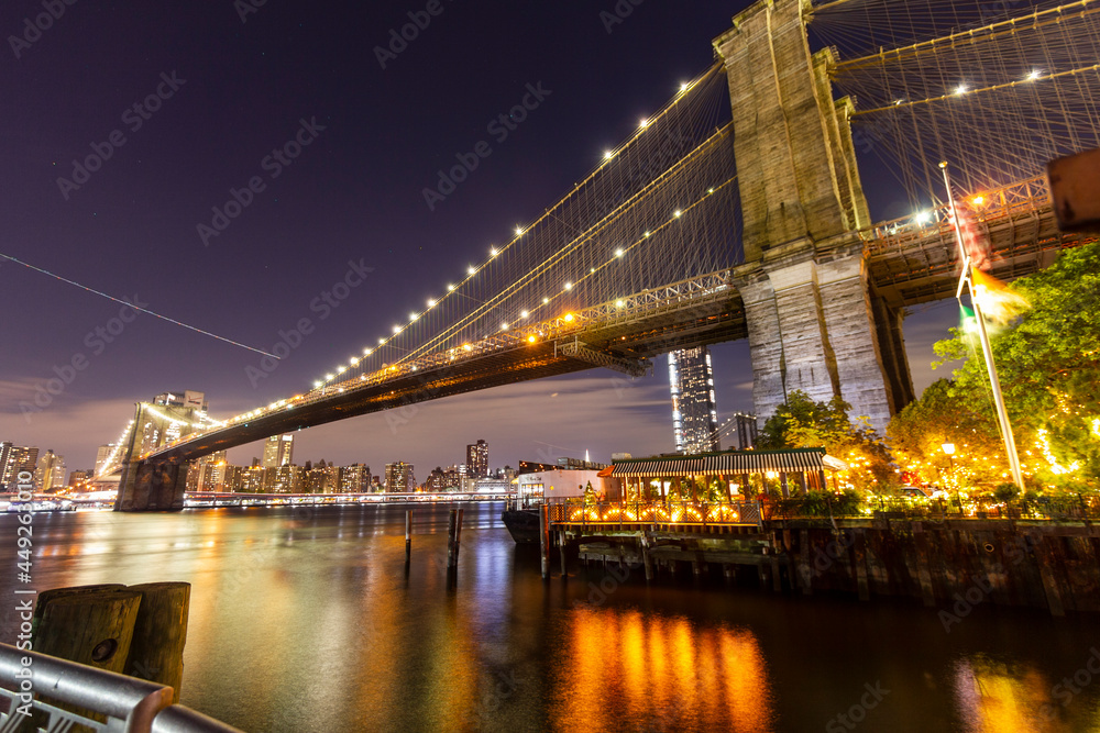 Brooklyn bridge seen from Pier 1 in Brooklyn, New York, USA