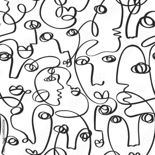 One line drawing abstract face seamless pattern