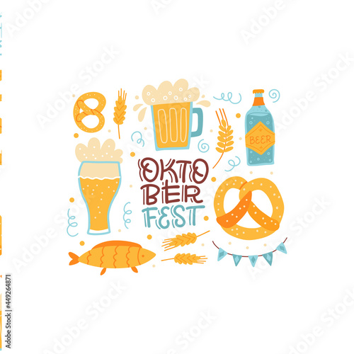 Lettering cisolated composition for Oktoberfest Bavarian festival. Banner with hand drawn word and glasses of beer, pretzels, fish and flags