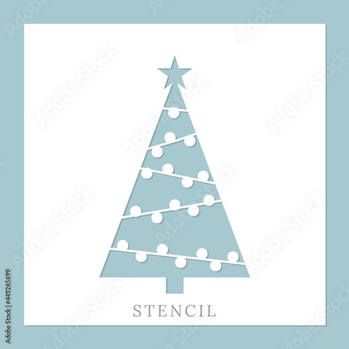 Christmas tree stencil. Template for Christmas cards, invitations. Suitable for laser cutting, plotter cutting. Winter holiday design template.