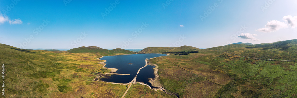 aerial view of the water shortages as levels drop in spelga dam reservoir when heat wave hit Norhtern Ireland