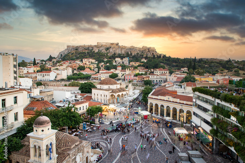aerial panoramic view of Monastiraki square and the Acropolis at sunset in Athens Greece