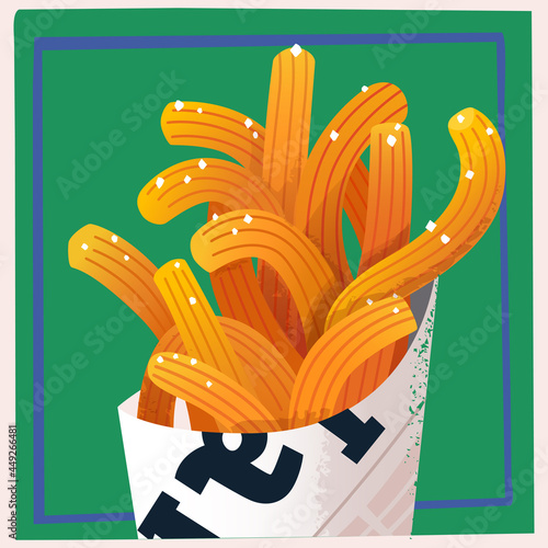 Bag of traditional hispanic delicious desserts. Churros covered with sugar. Vector illustration