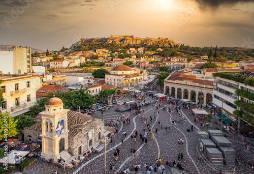 aerial panoramic view of Monastiraki square and the Acropolis at sunset in Athens  Greece photo