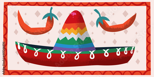 Vector image with child peppers and sombrero festive hat. Illustration for party invitations, cards and posters