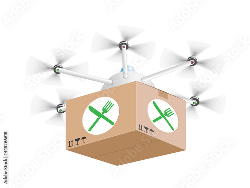Drohne mit Restaurant Lieferdienst Paket Lieferung,
Vektor Illustration isoliert auf weißem Hintergrund
